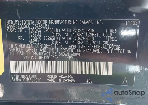 2004 Lexus Rx 330 z USA, uszkodzony, nr VIN 2T2HA31U64C006153